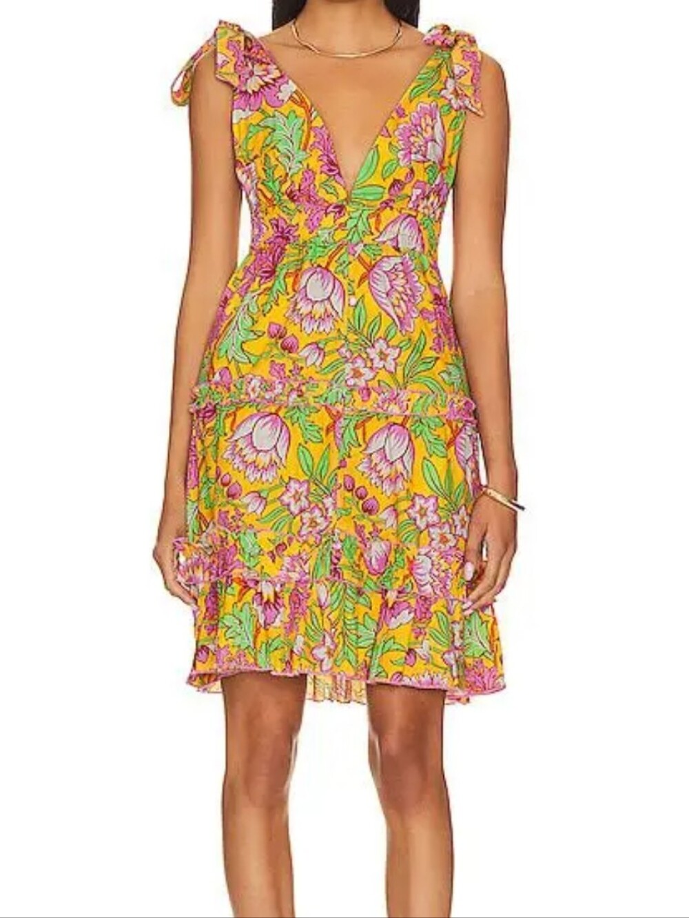 NWT Love The Label Madelyn Floral Betty Yellow Tie Shoulder Ruffle Mini Dress XS